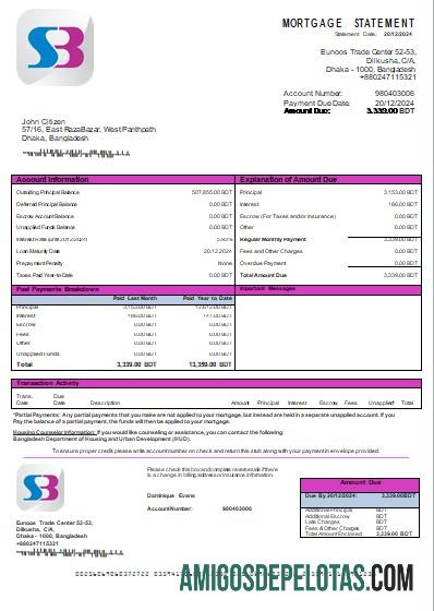 Declaração de hipoteca do banco SB de Bangladesh Scr exemplo